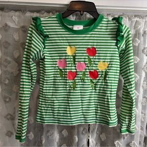 Hanna Andersson Green & White Striped Rashguard with Red, Pink & Yellow Tulips